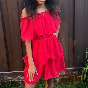 2/15$ PrettyLittleThing Red Off-Shoulder Ruffle Mini Dress